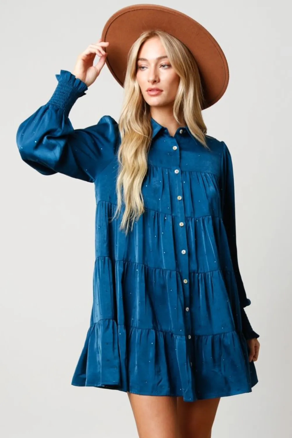 Fashion Teal Rhinestone Button Down Shirt Dress Mini