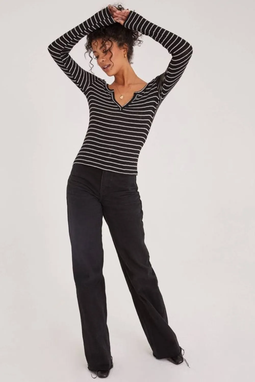 Cheap Sage Cozy Henley - Black Stripe Blouses