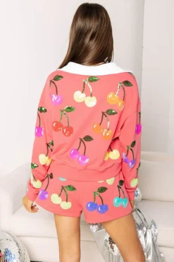 Fashion Bright Pink Rainbow Cherry Polo Sweatshirt Sweatshirts