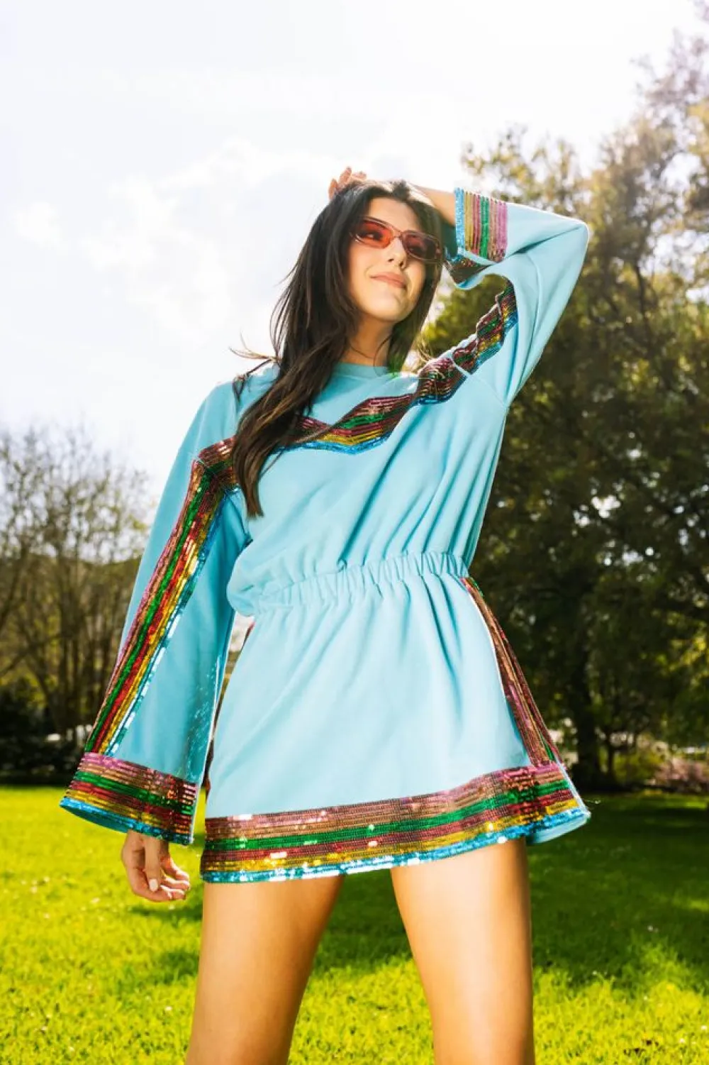 Discount Teal Rainbow Sequin Stripe Dress Mini