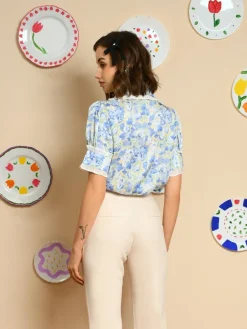 Hot Sky Floral Ruffle Blouse - Cornflower Blue Blouses