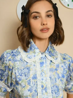 Hot Sky Floral Ruffle Blouse - Cornflower Blue Blouses