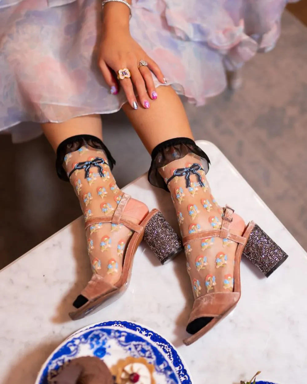 Best Sale Repeat Floral Ruffle Sheer Crew Sock Socks And Tights