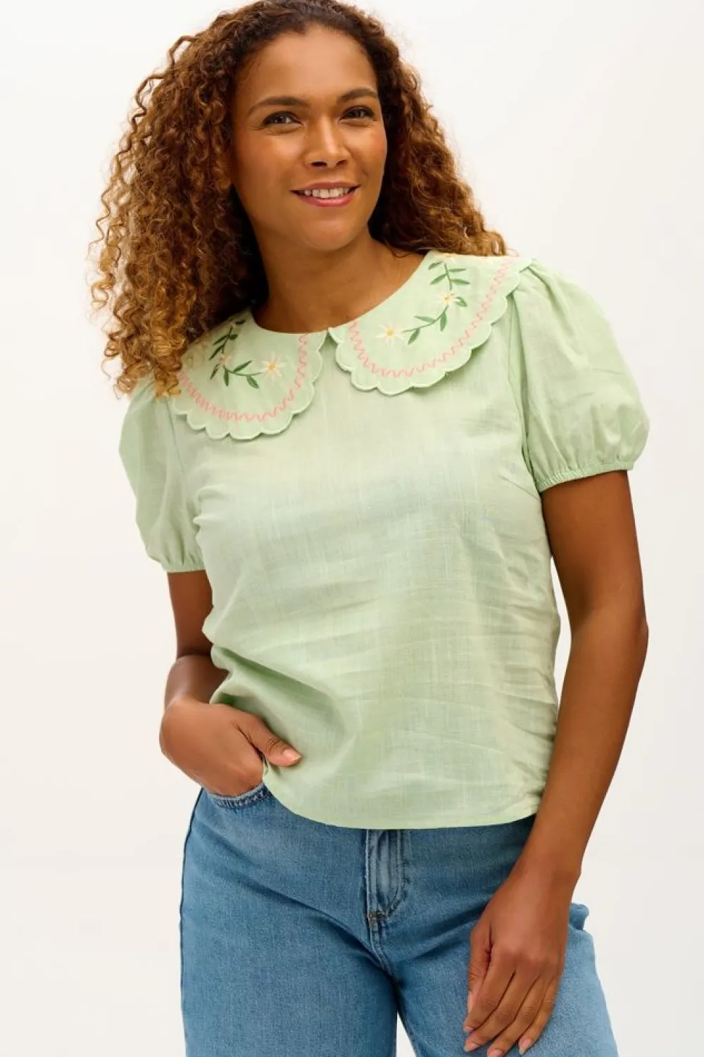 Sale Macie Scallop Collar Top Floral Embroidery Blouses